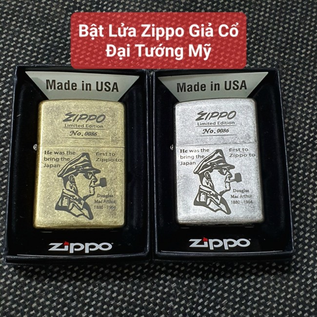 Bật Lửa Zippo Bạc Giả Cổ Đại Tướng Mỹ Đáy Dập Đời E2000-XVI ( Có Tem Đỏ ) KÈM HỘP Tặng Kèm Xăng Mini